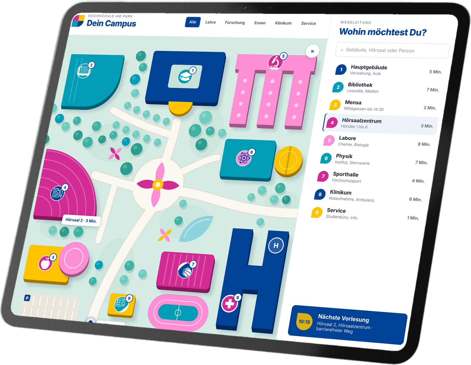 Tablet mit interaktivem Campusplan: Wegeleitung zum Hörsaal, Bibliothek, Mensa, Labore und Klinikum