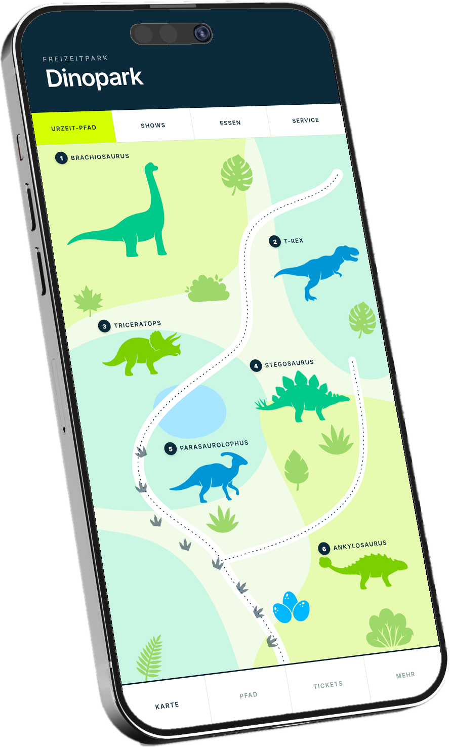 Smartphone mit Dinopark-Karte und Urzeit-Pfad