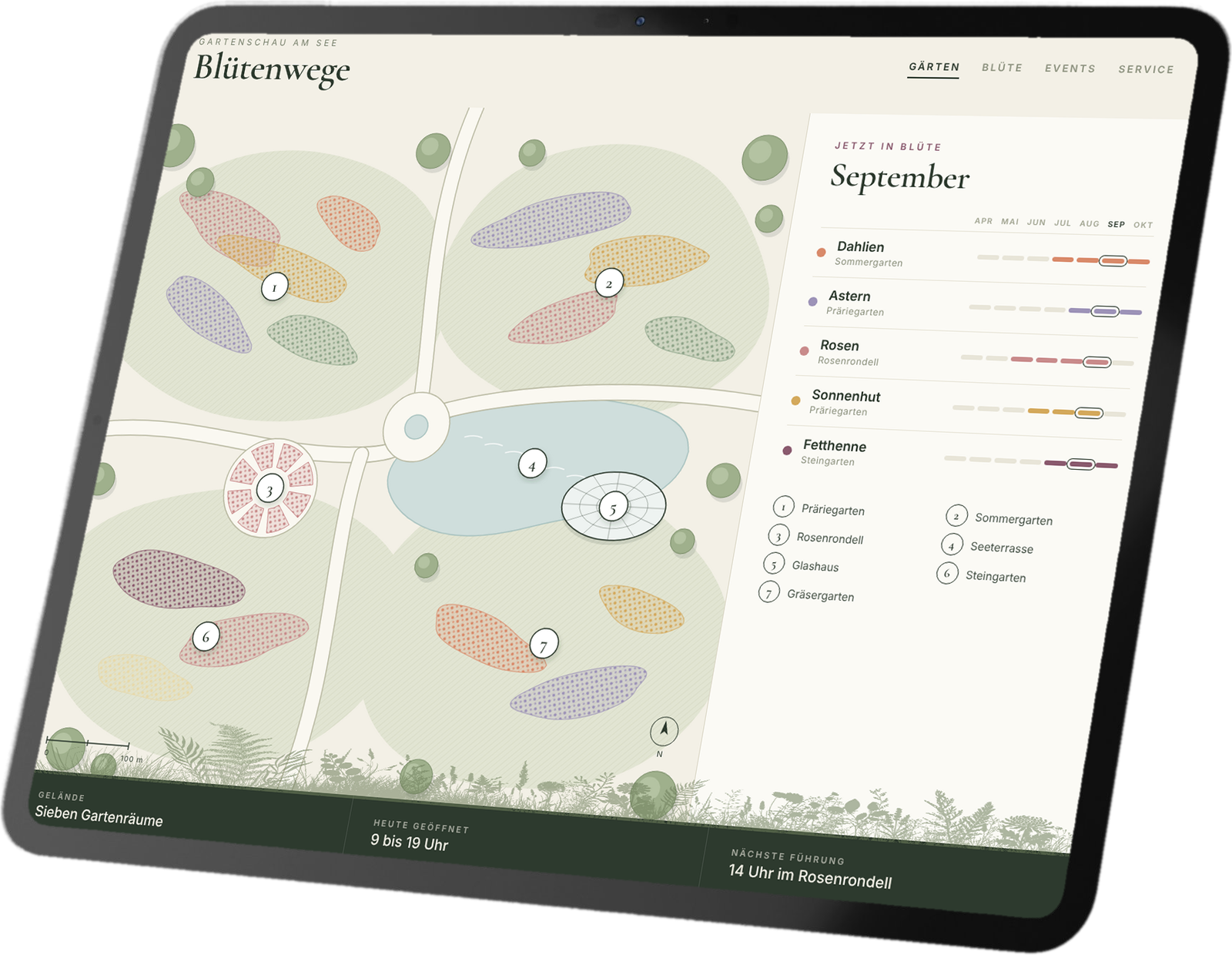 Tablet mit interaktivem Plan einer Gartenschau und Blühkalender