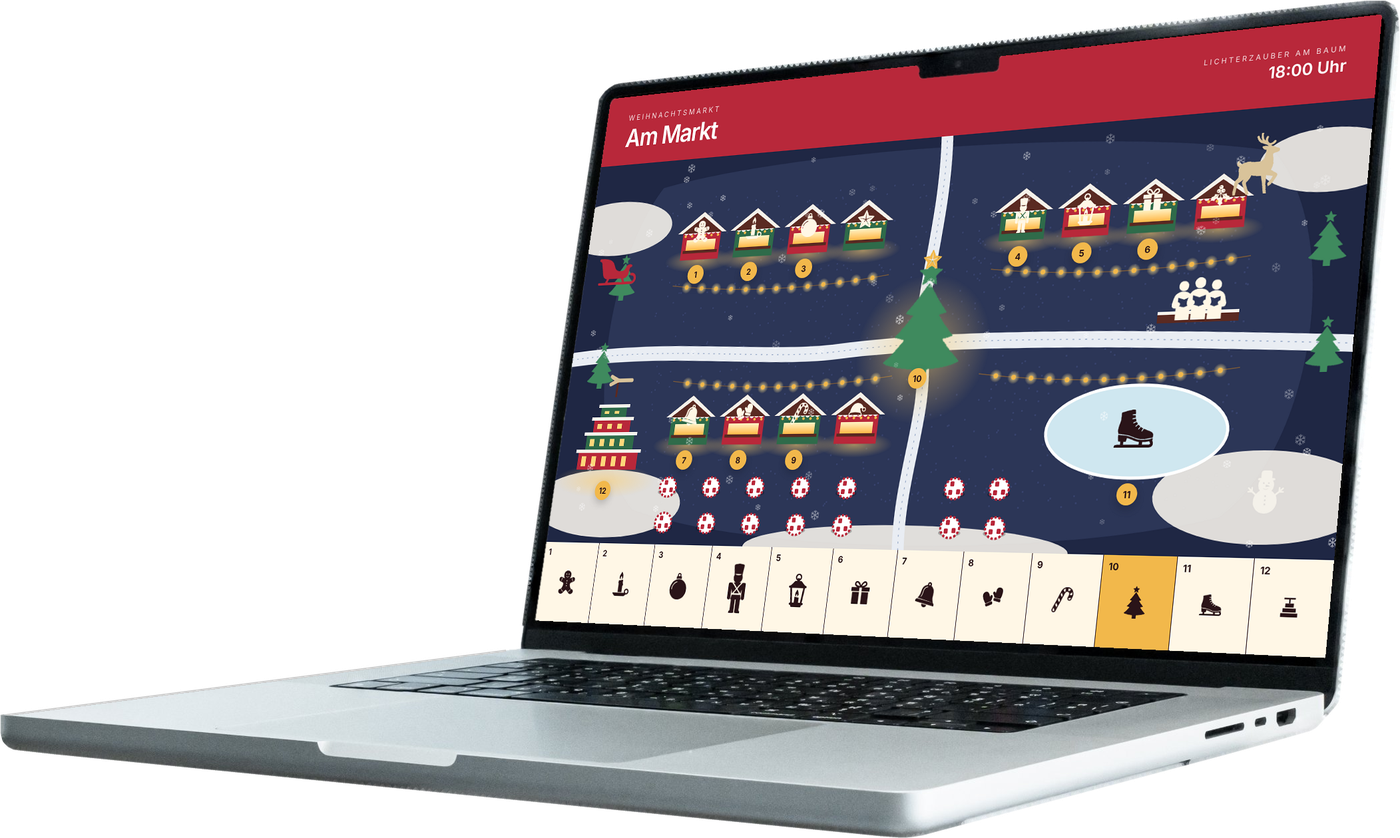 Laptop mit interaktivem Marktplan für einen Weihnachtsmarkt